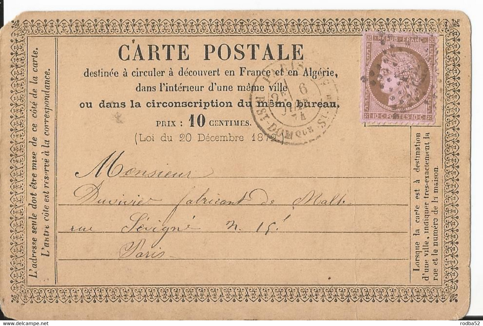 N°54 YT  Sur Carte Postale - Cachet Paris Rue Saint Dominique  1874 - Cérès - 1871-1875 Ceres