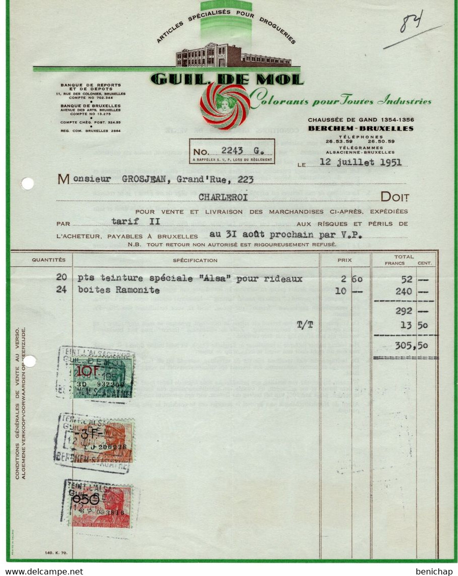 Articles Spécialisés Pour Drogueries - Guil. De Mol - Colorants Pour Industries - Berchem - Bruxelles - 1951. - Droguerie & Parfumerie