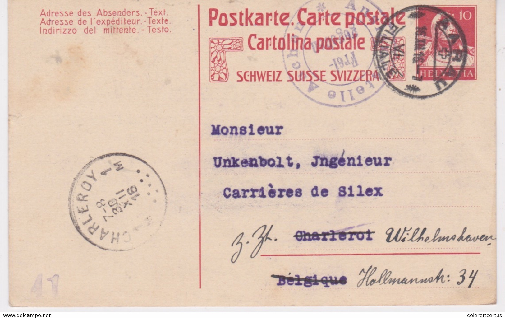 Switzerland-1916 WW 1 German Censored Aachen 10 C Red Postal Stationery Postcard Aarau Cover To Charleroy, Belgium - Interi Postali