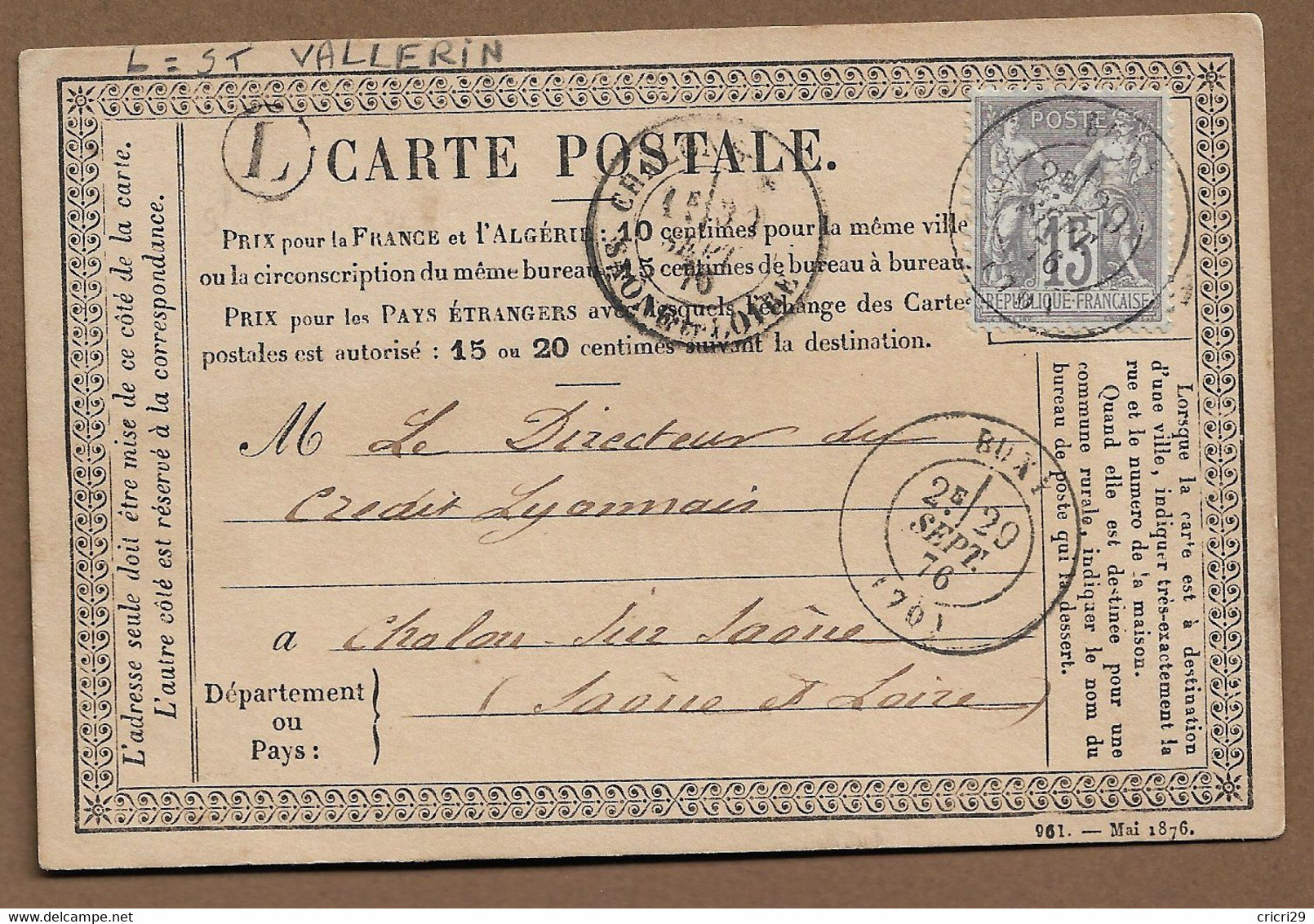 BUXY : 1876 : Carte Postale  Avec CàD Type 17 Sur Sage 15c Gris + Boite Rurale L  "St Vallerin"   ( Saône Et Loire ) : - 1849-1876: Periodo Classico