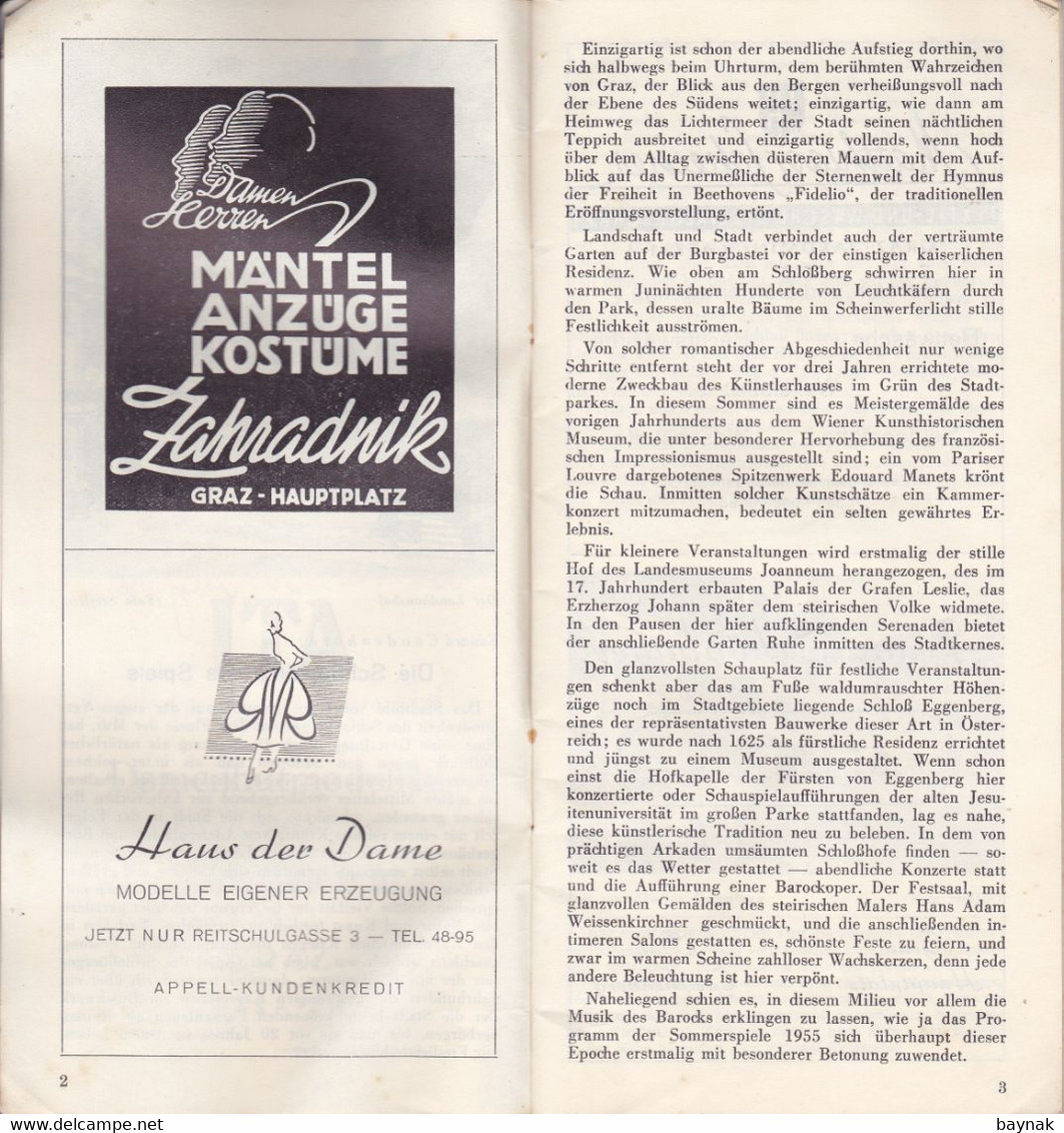 GRAZ, AUSTRIA  --  SOMMER SPIELE GRAZ, 1955  --  OPERA,  KONZERT, ORATORIUM  --  34 PAGES  --  20,5 Cm X 10 Cm - Programmes