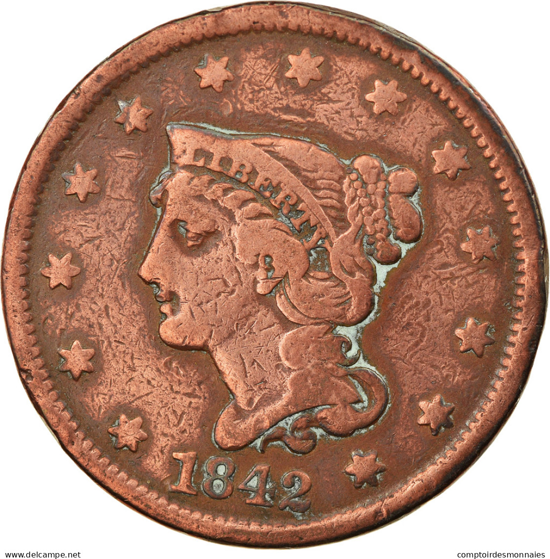 Monnaie, États-Unis, Braided Hair Cent, Cent, 1842, U.S. Mint, Philadelphie - 1840-1857: Braided Hair (Cheveux Tressés)