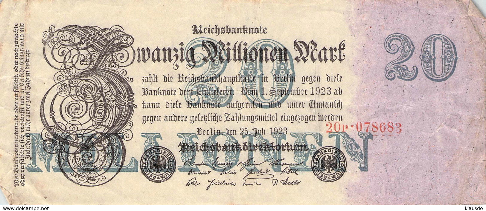 20 Mio Mark Reichsbanknote 1922 VF/F (III) - 20 Millionen Mark