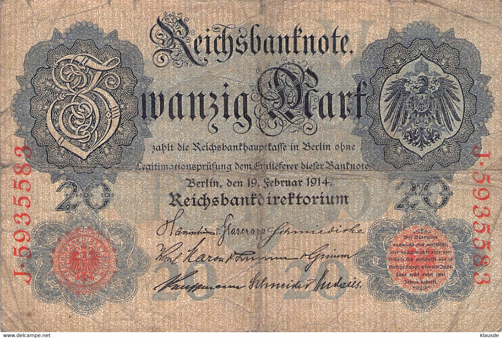 20 Mark Reichsbanknote 19.Februar 1914 VG/G (IV) - 20 Mark