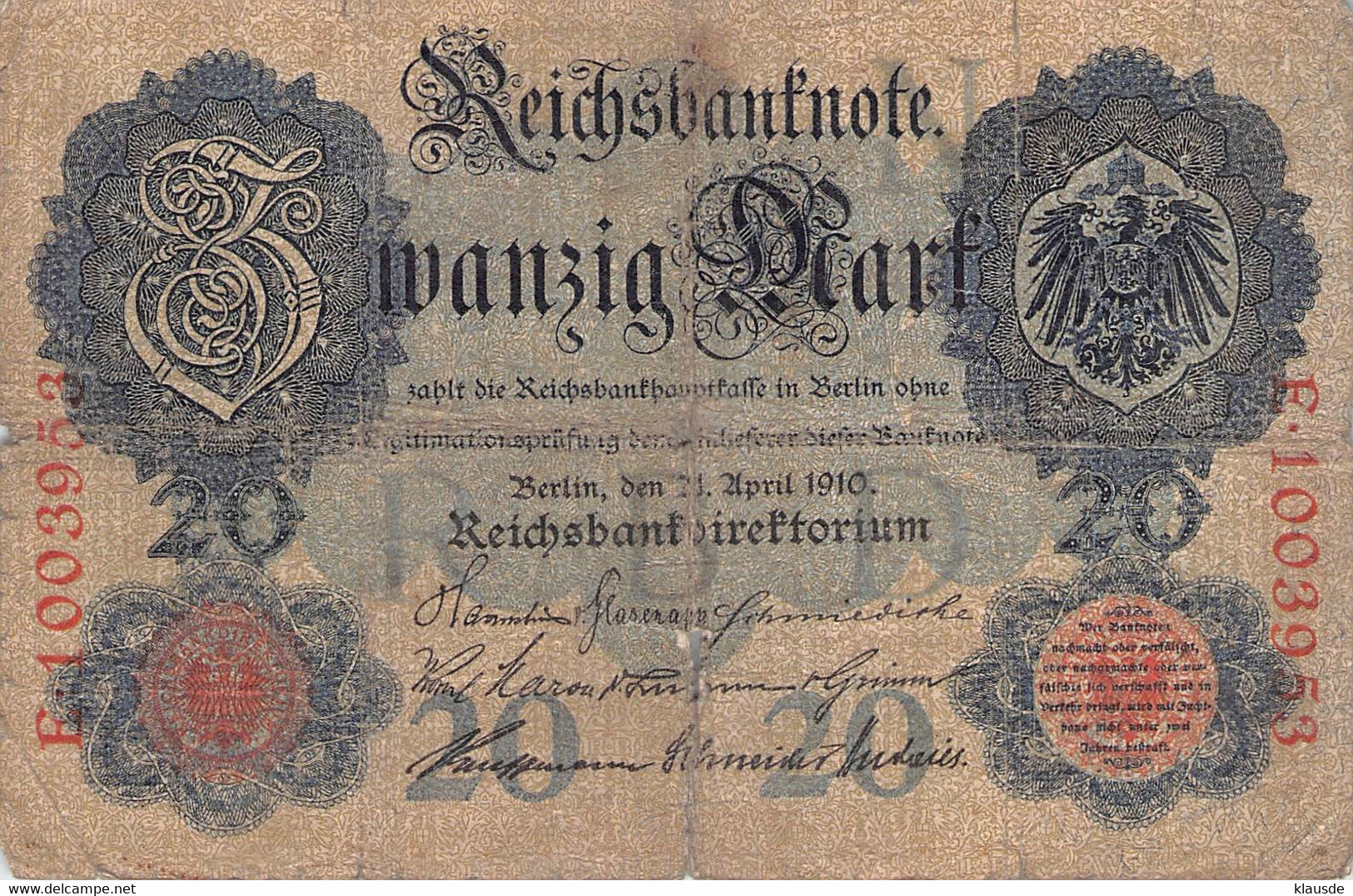 20 Mark Reichsbanknote 21.April 1914 VG/G (IV) - 20 Mark