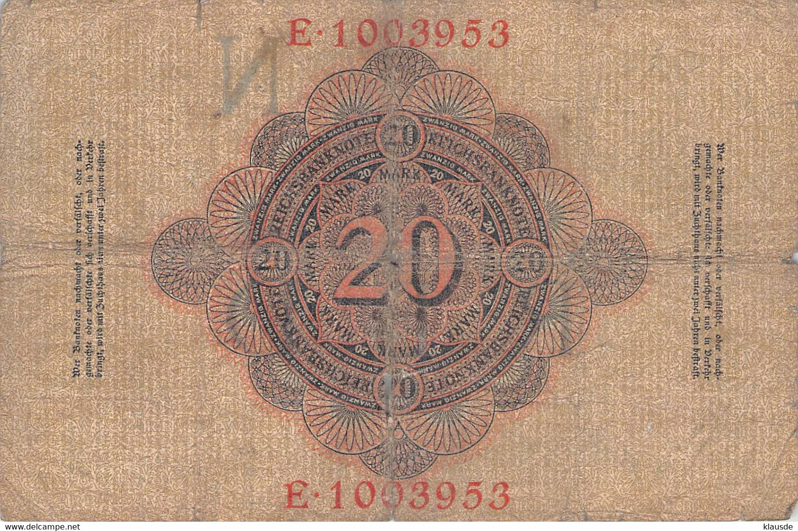 20 Mark Reichsbanknote 21.April 1914 VG/G (IV) - 20 Mark
