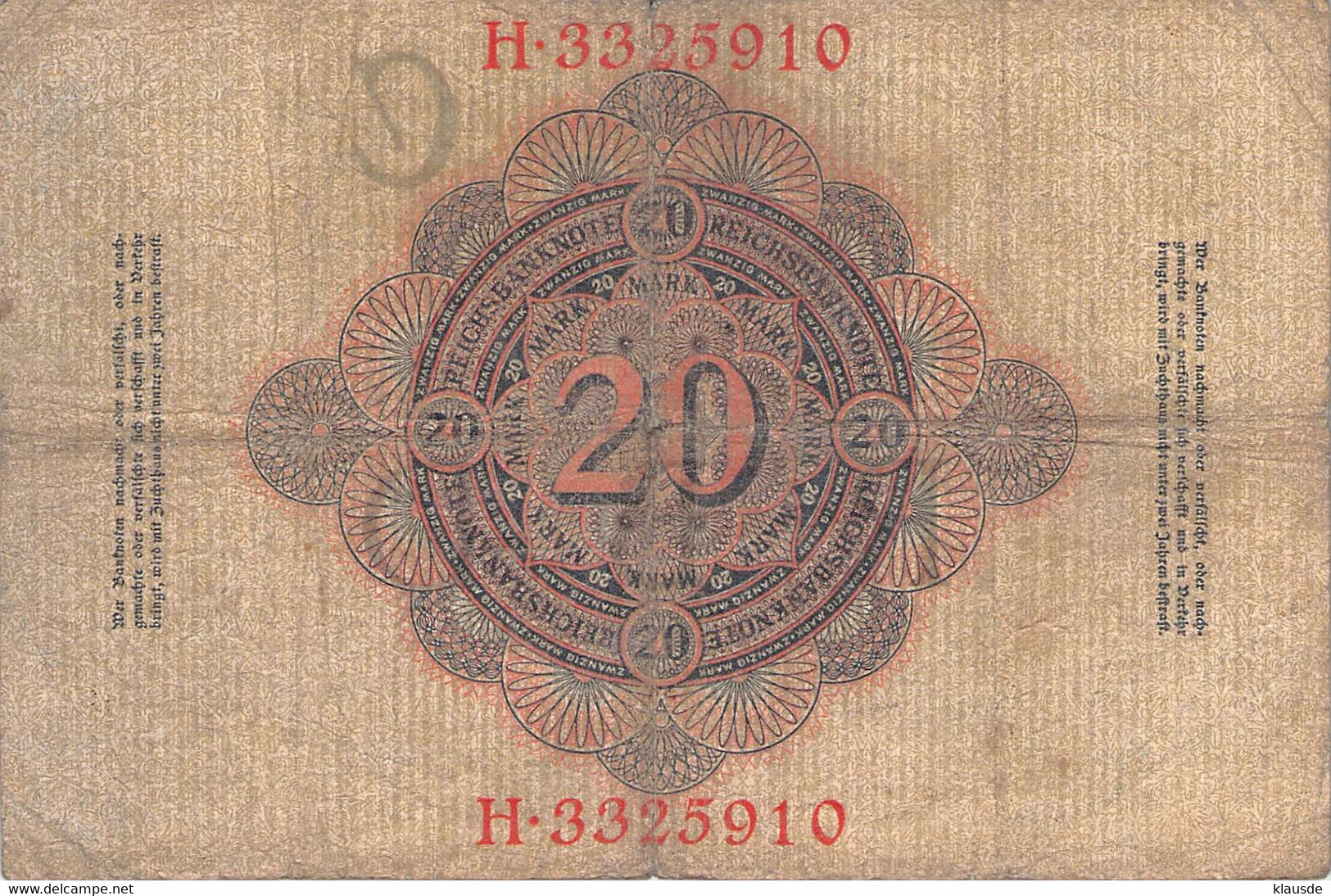 20 Mark Reichsbanknote 21.April 1914 VG/G (IV) - 20 Mark