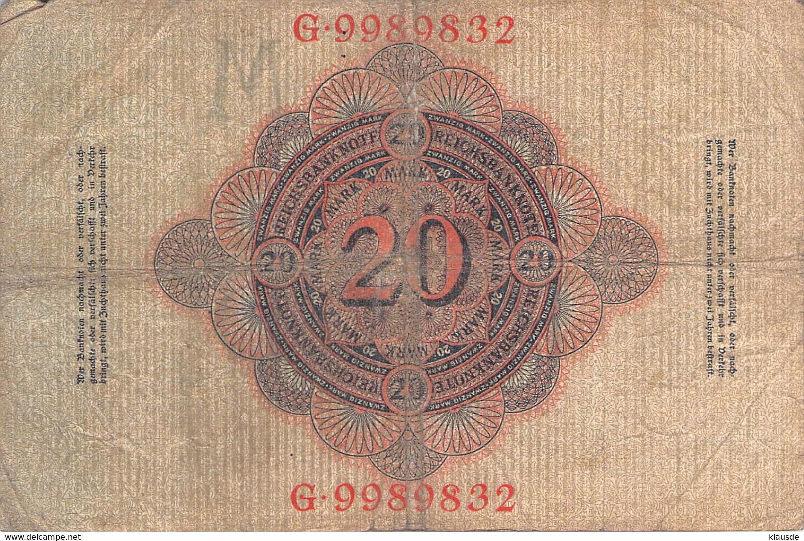 20 Mark Reichsbanknote 21.April 1914 VG/G (IV) - 20 Mark