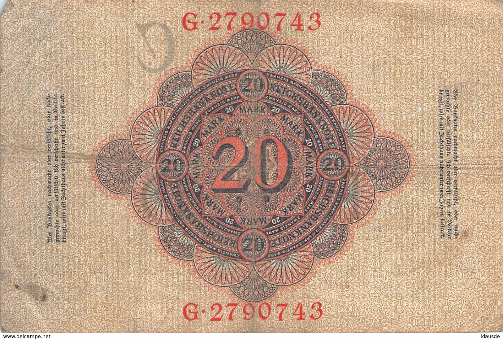 20 Mark Reichsbanknote 21.April 1914 VG/G (IV) - 20 Mark