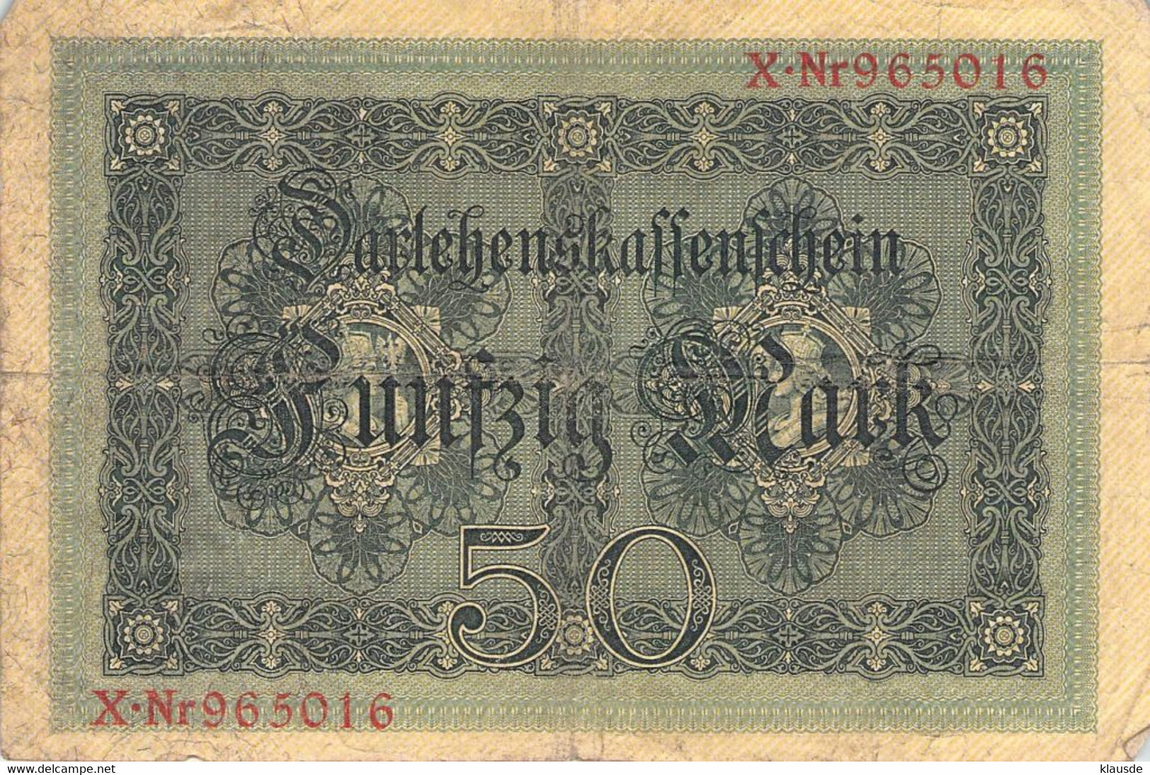 50 Mark Reichsbanknote 1914 VG/G (IV) Darlehenskassenschein - 20 Mark