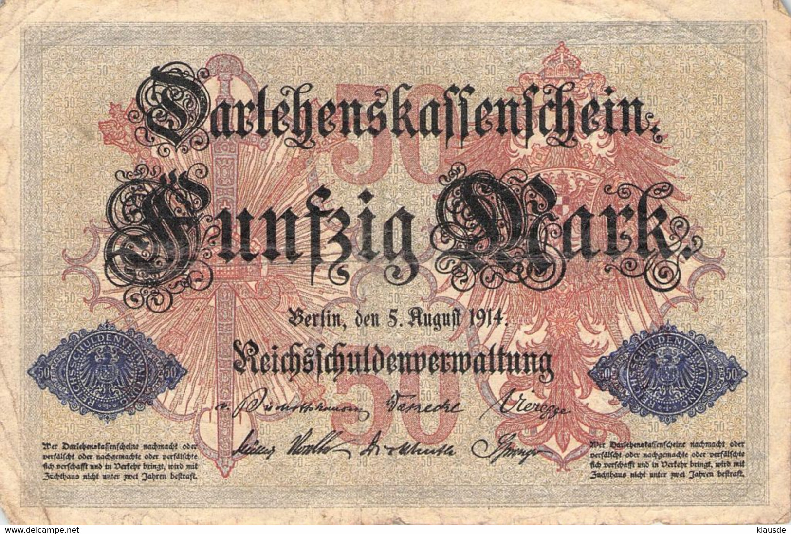 50 Mark Reichsbanknote 1914 VG/G (IV) Darlehenskassenschein - 20 Mark