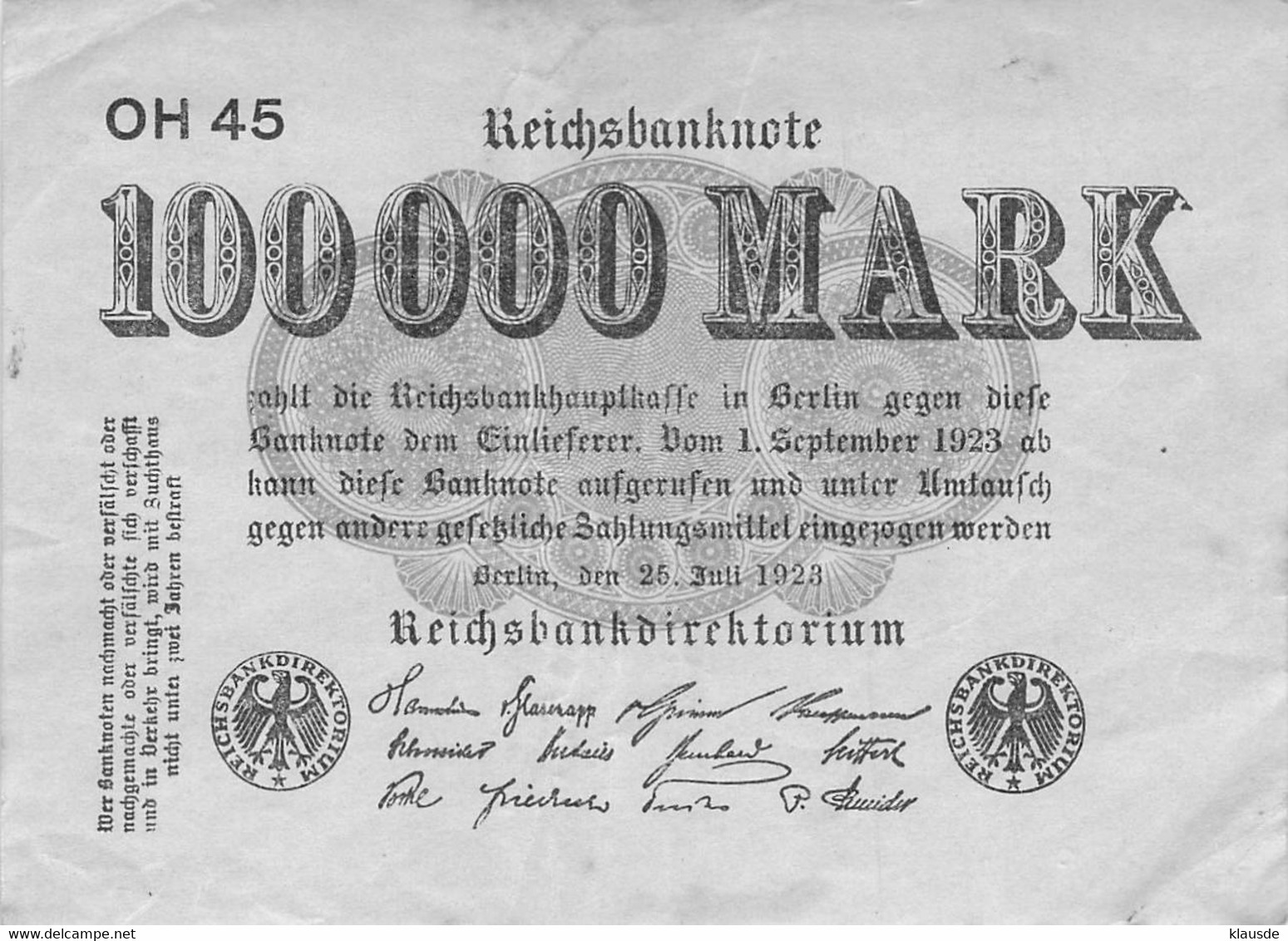 100.000 Mark Reichsbanknote VF/F (III) - 100.000 Mark