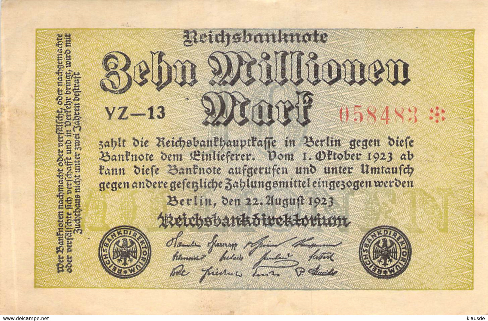 10 Mio Mark Reichsbanknote VF/F (III) - 10 Mio. Mark