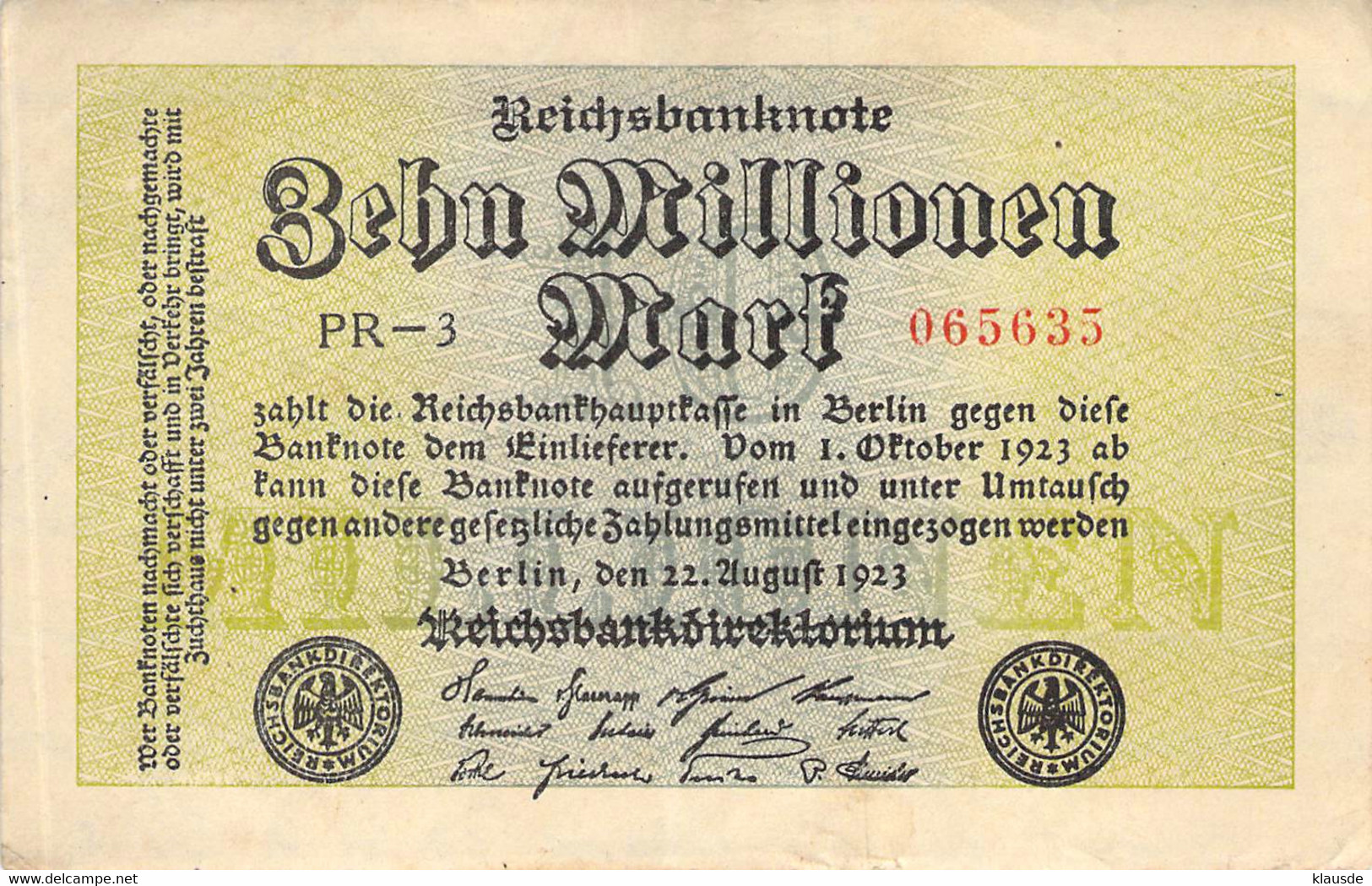 10 Mio Mark Reichsbanknote VF/F (III) - 10 Mio. Mark