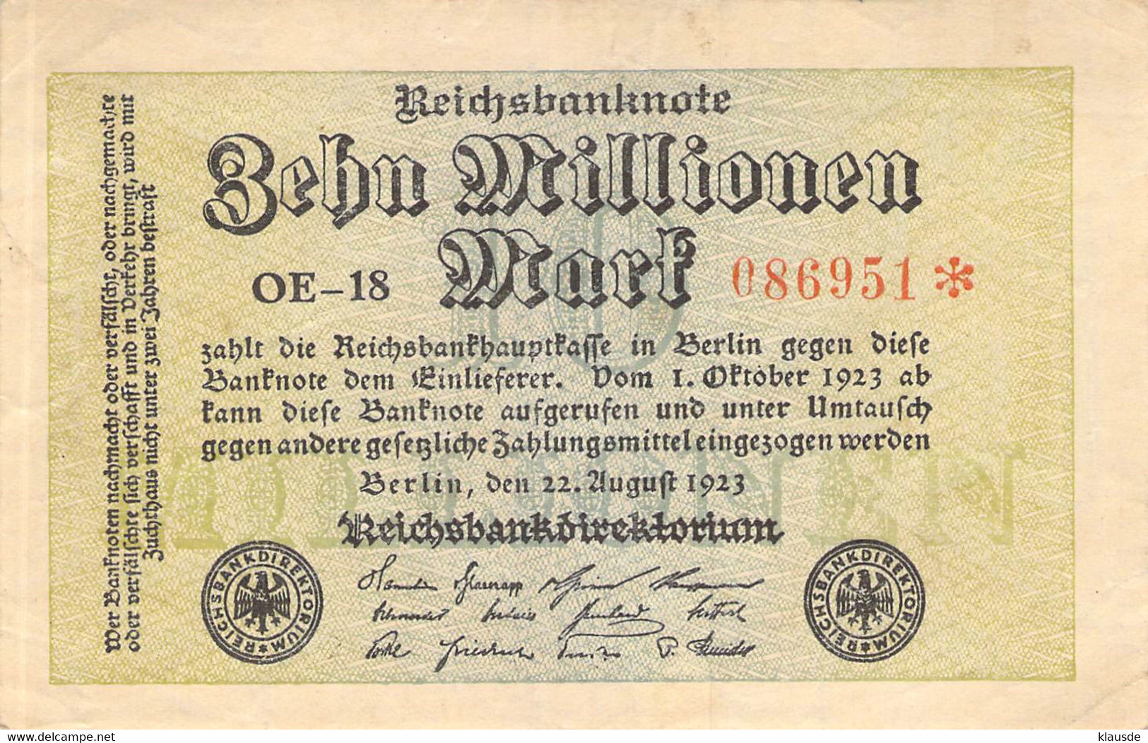 10 Mio Mark Reichsbanknote VF/F (III) - 10 Miljoen Mark