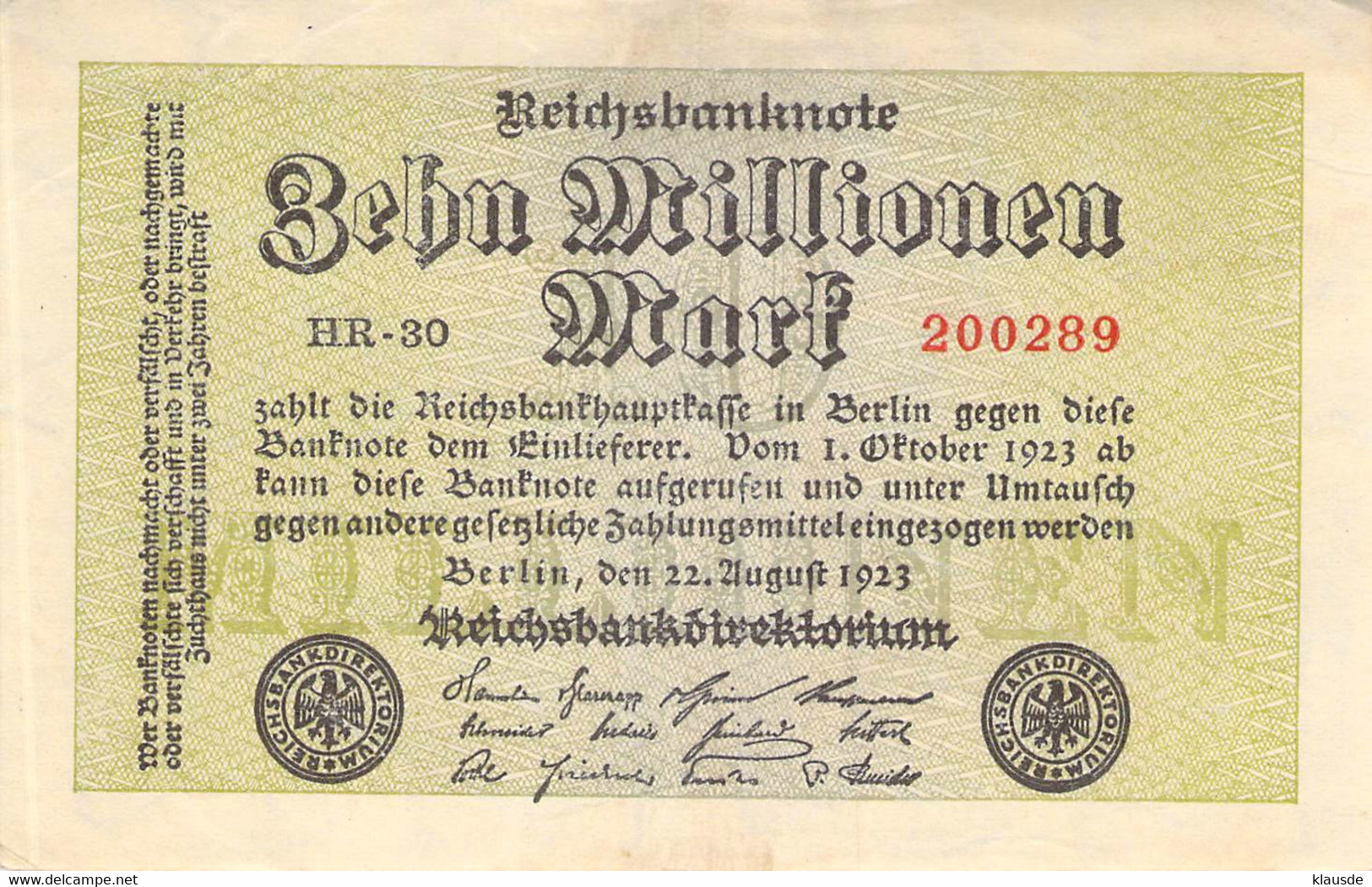 10 Mio Mark Reichsbanknote VF/F (III) - 10 Mio. Mark