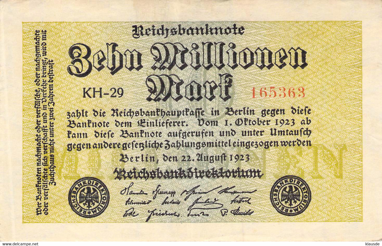 10 Mio Mark Reichsbanknote VF/F (III) - 10 Mio. Mark