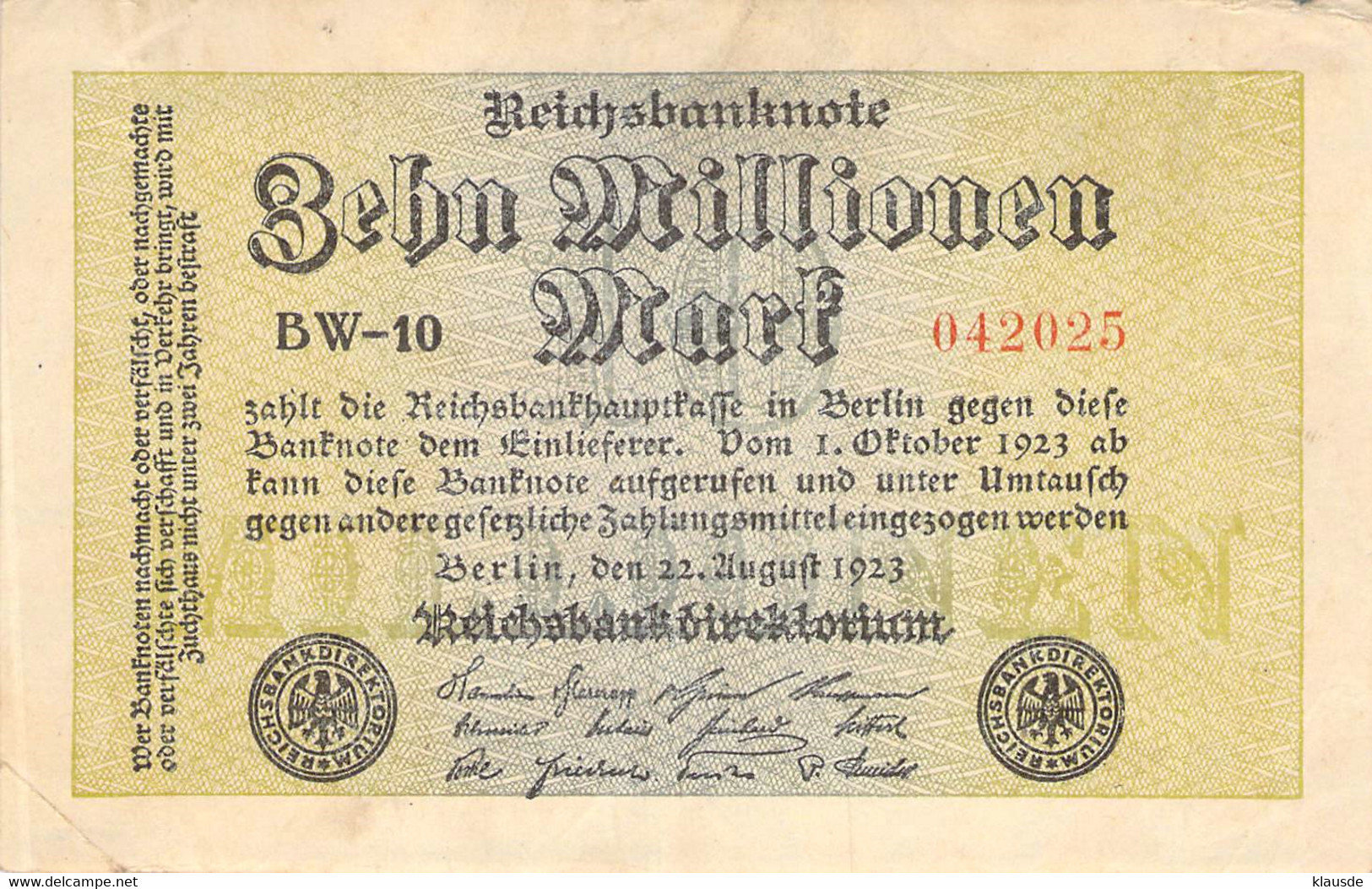 10 Mio Mark Reichsbanknote VF/F (III) - 10 Mio. Mark