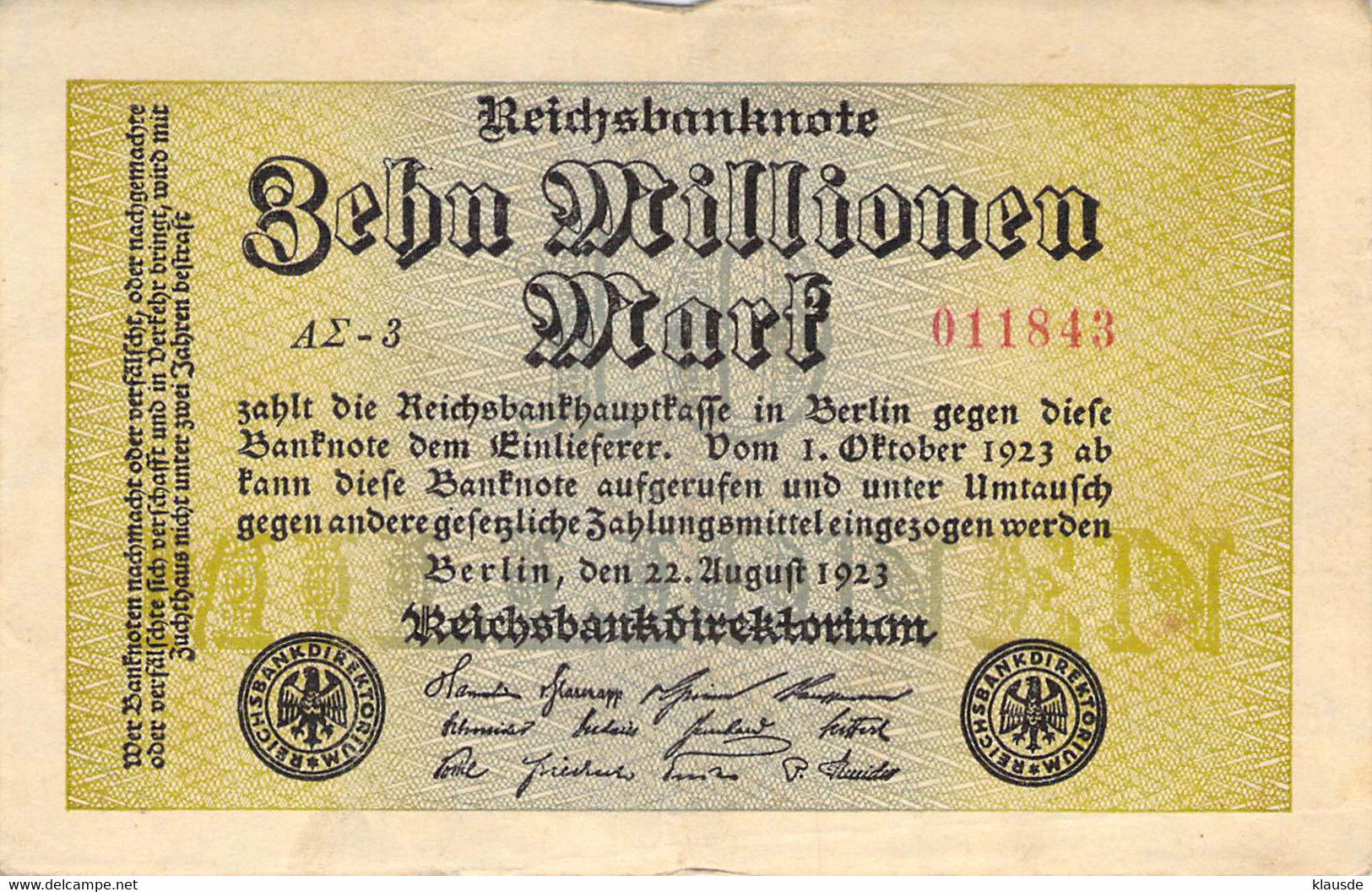 10 Mio Mark Reichsbanknote VF/F (III) - 10 Mio. Mark