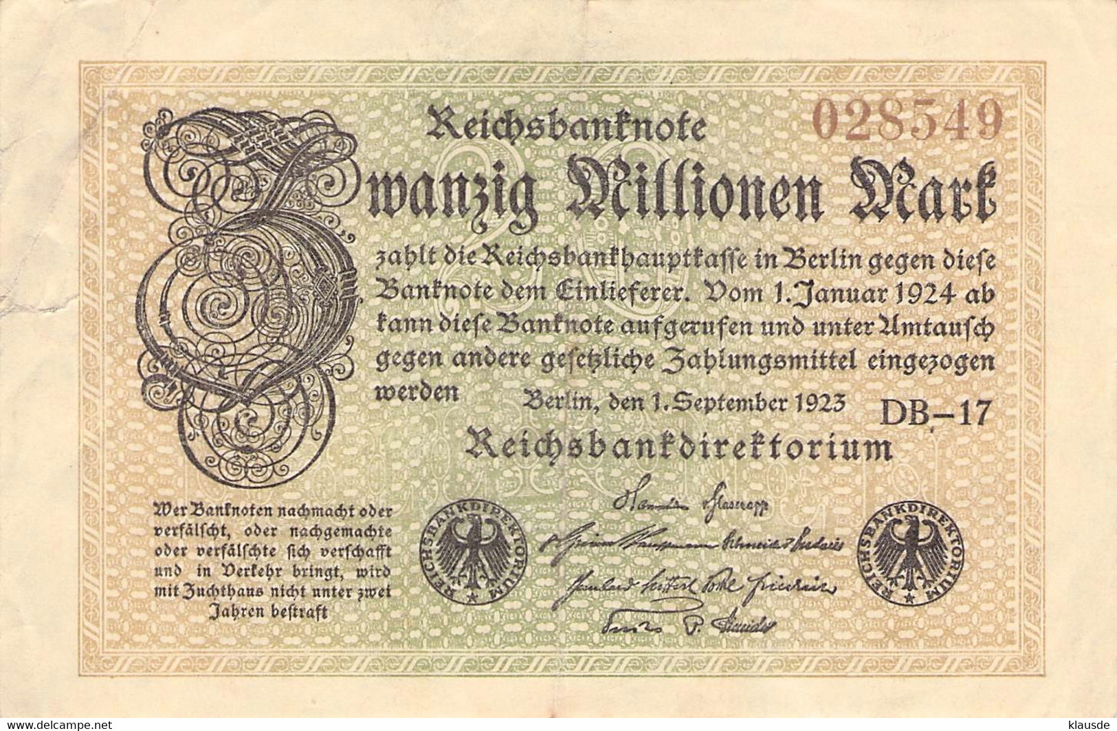 20 Mio Mark Reichsbanknote VF/F (III) WZ Ringel - 20 Mio. Mark