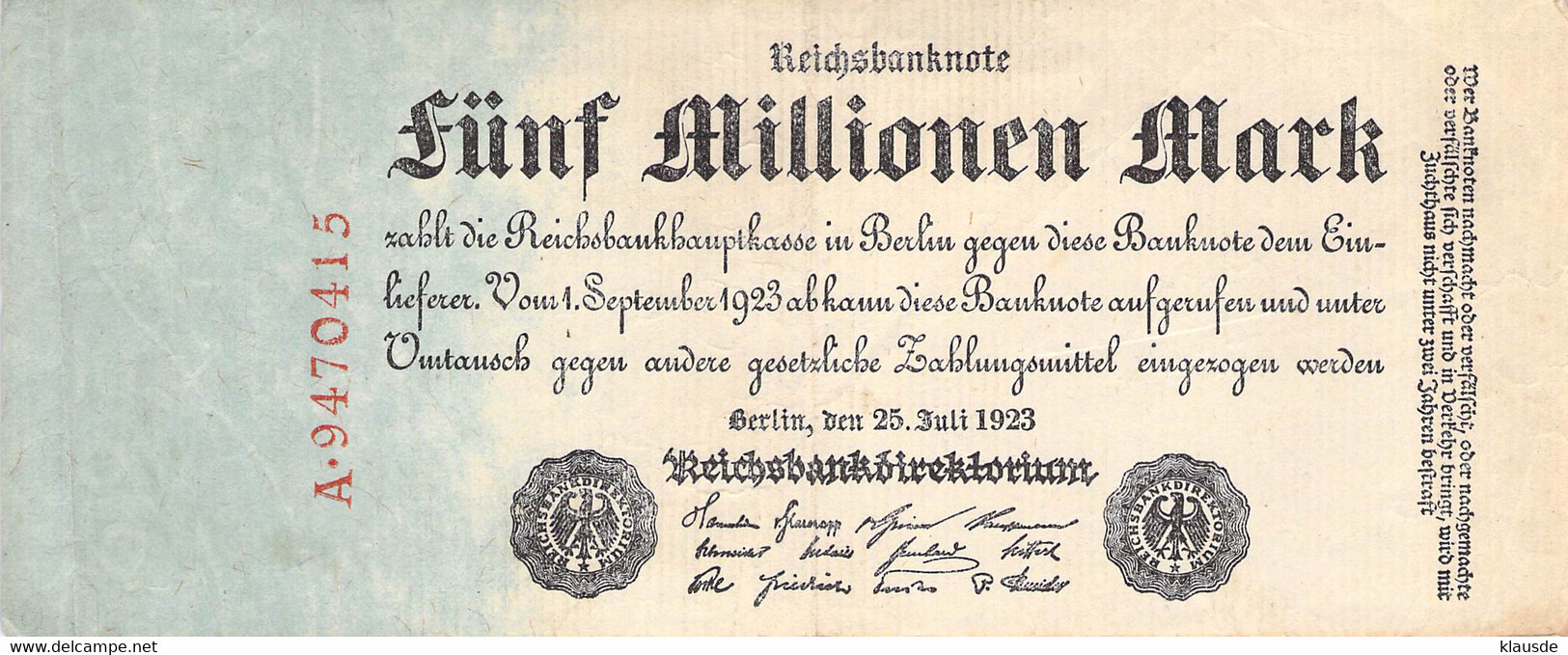 5 Mio Mark Reichsbanknote VF/F (III) - 2 Miljoen Mark