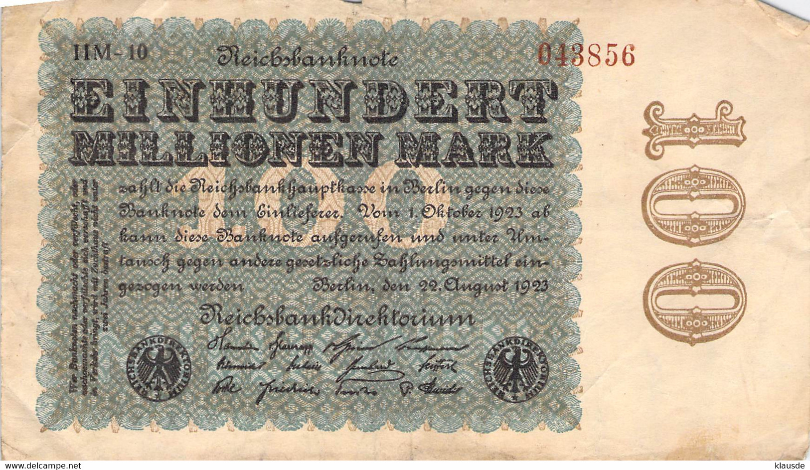 100 Mio Mark Reichsbanknote VF/F (III) - 100 Miljoen Mark