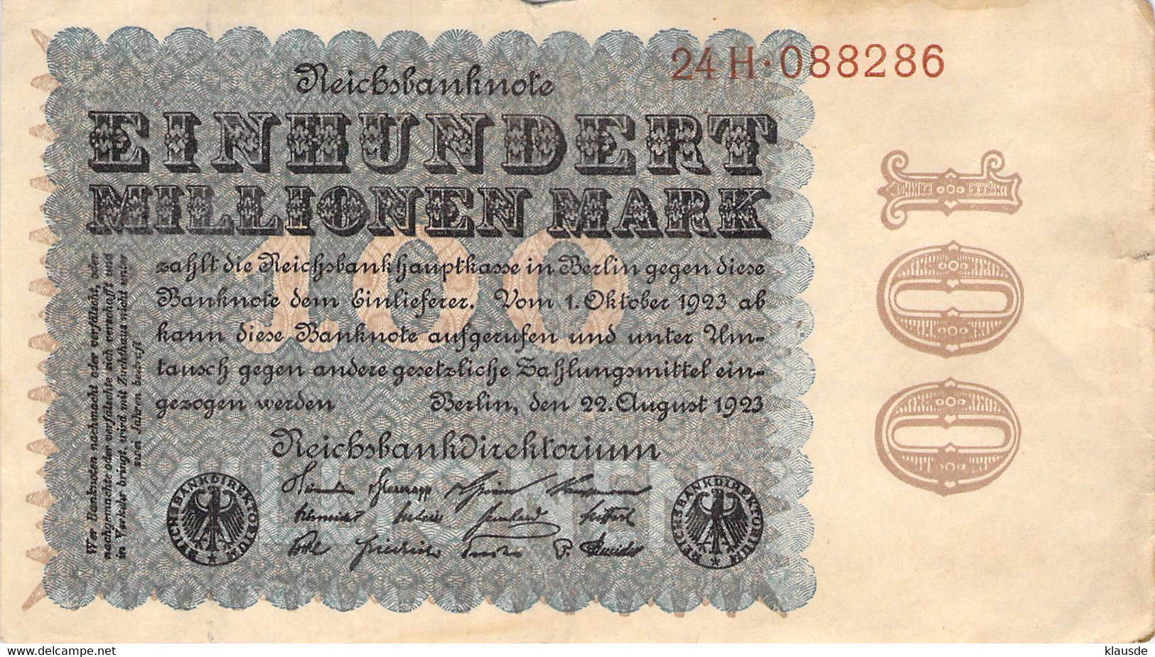 100 Mio Mark Reichsbanknote VF/F (III) - 100 Miljoen Mark