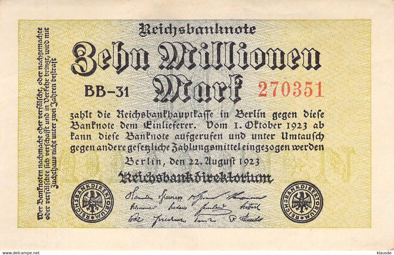 10 Mio Mark Reichsbanknote VF/F (III) - 10 Miljoen Mark