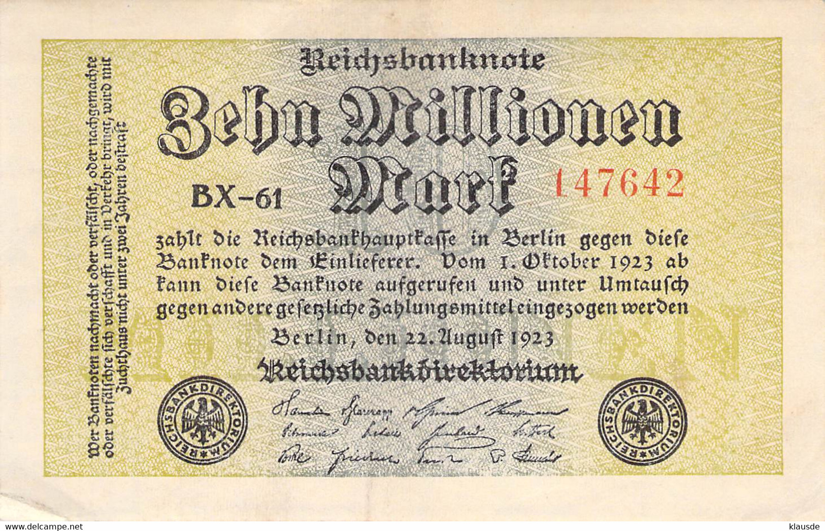 10 Mio Mark Reichsbanknote VF/F (III) - 10 Mio. Mark