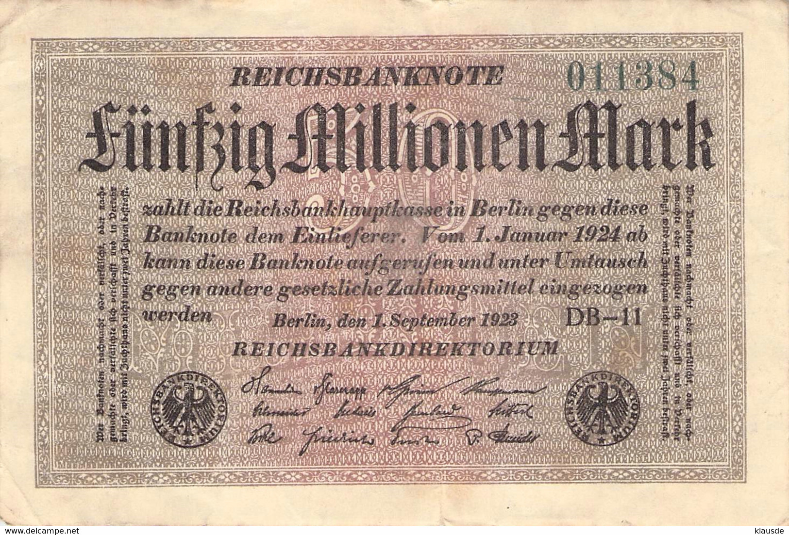 50 Mio Mark Reichsbanknote VF/F (III) - 50 Mio. Mark