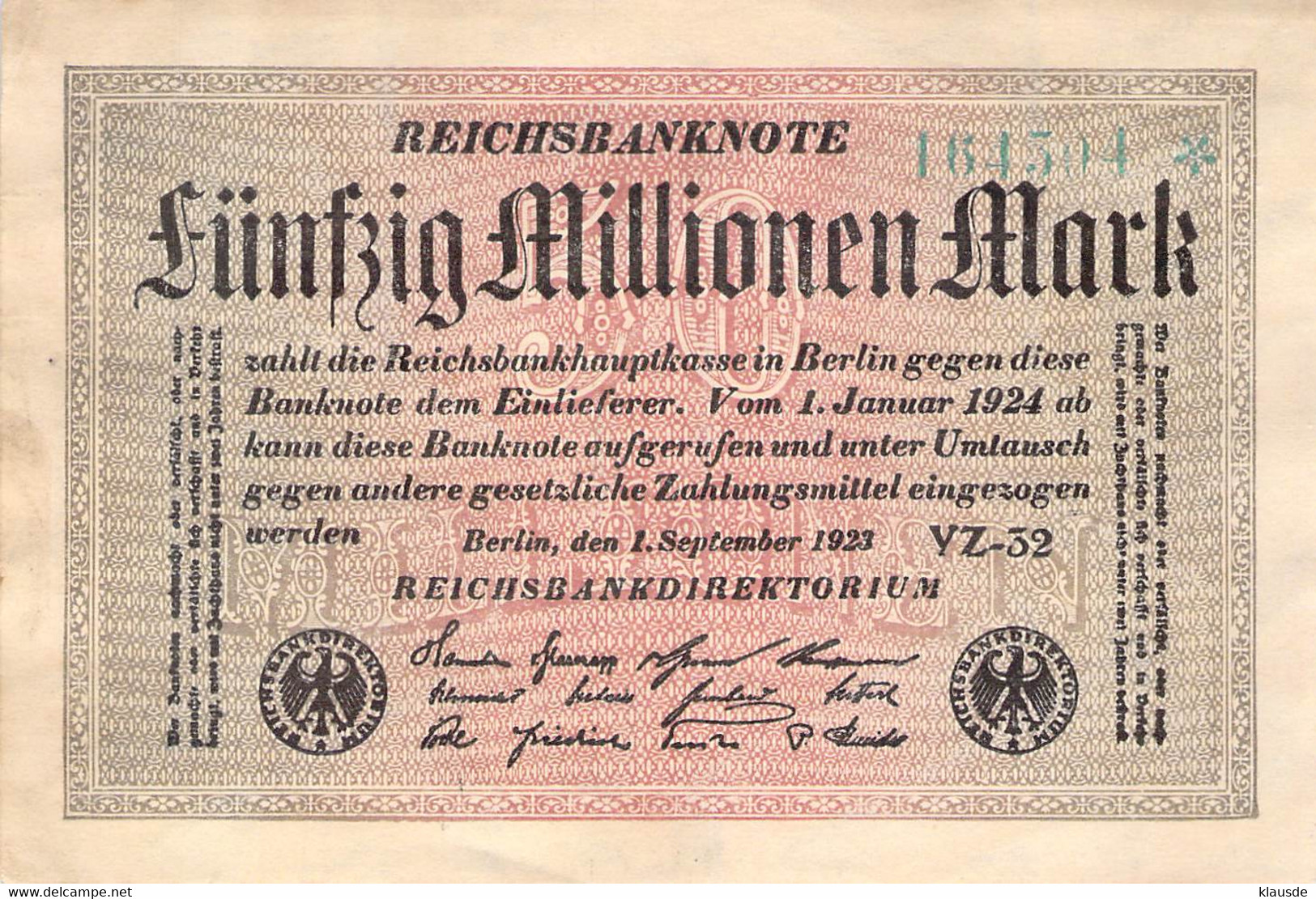 50 Mio Mark Reichsbanknote VF/F (III) - 50 Mio. Mark