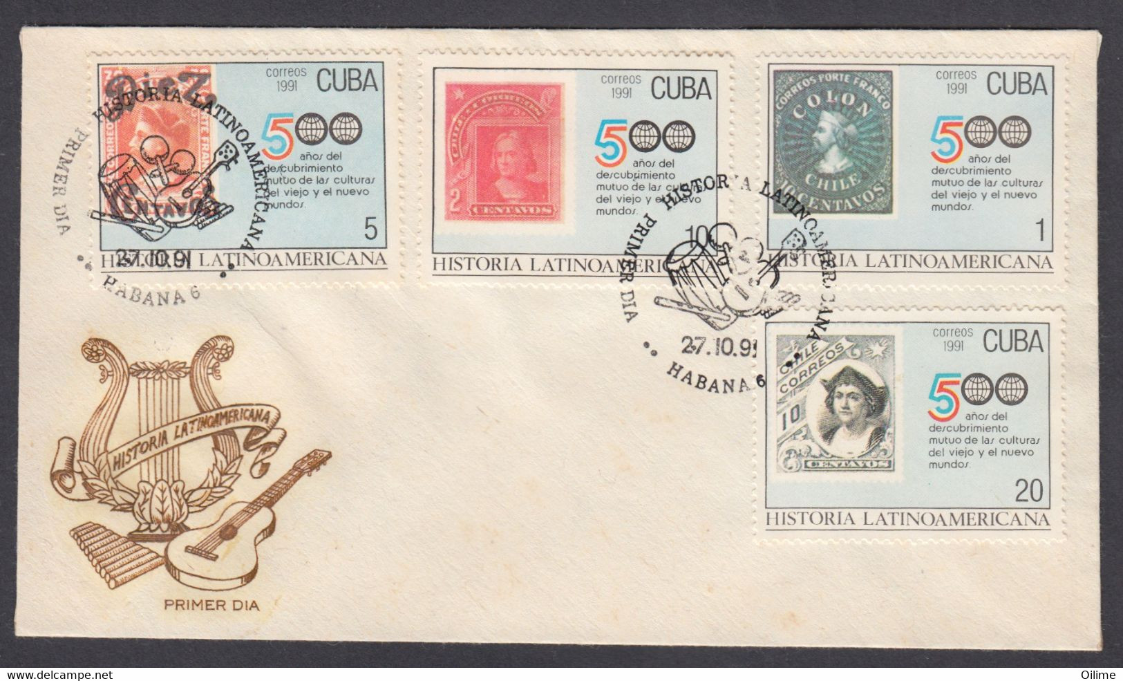 FDC CUBA 1991. HISTORIA LATINOAMERICANA. EDIFIL 3680/99 - FDC