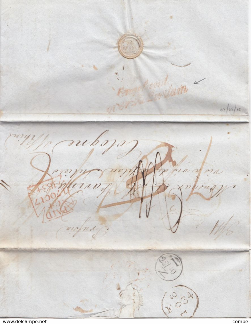 UK LETTER. 17 OCT 1837. RED CANCEL ENGELAND OVER ROTTERDAM. LONDON PAID  C4 TO COLOGNE PRUSSIA. MULTIPLE DUE - ...-1840 Préphilatélie