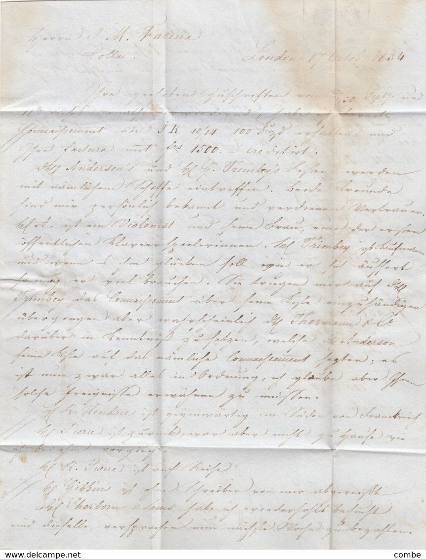 UK LETTER. 17 OCT 1837. RED CANCEL ENGELAND OVER ROTTERDAM. LONDON PAID  C4 TO COLOGNE PRUSSIA. MULTIPLE DUE - ...-1840 Préphilatélie