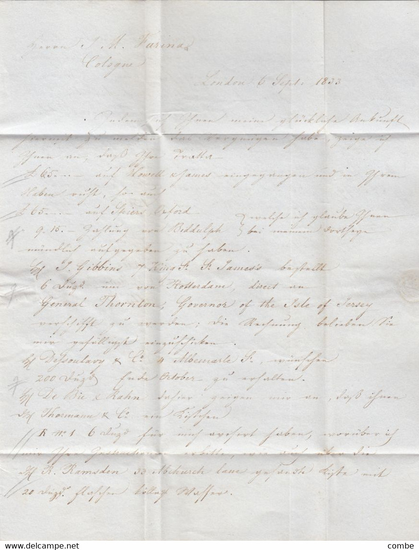 UK LETTER. 6 SEPT 1833. RED CANCEL ENGELAND OVER ROTTERDAM. LONDON PAID  CX TO COLOGNE PRUSSIA. MULTIPLE DUE - ...-1840 Préphilatélie