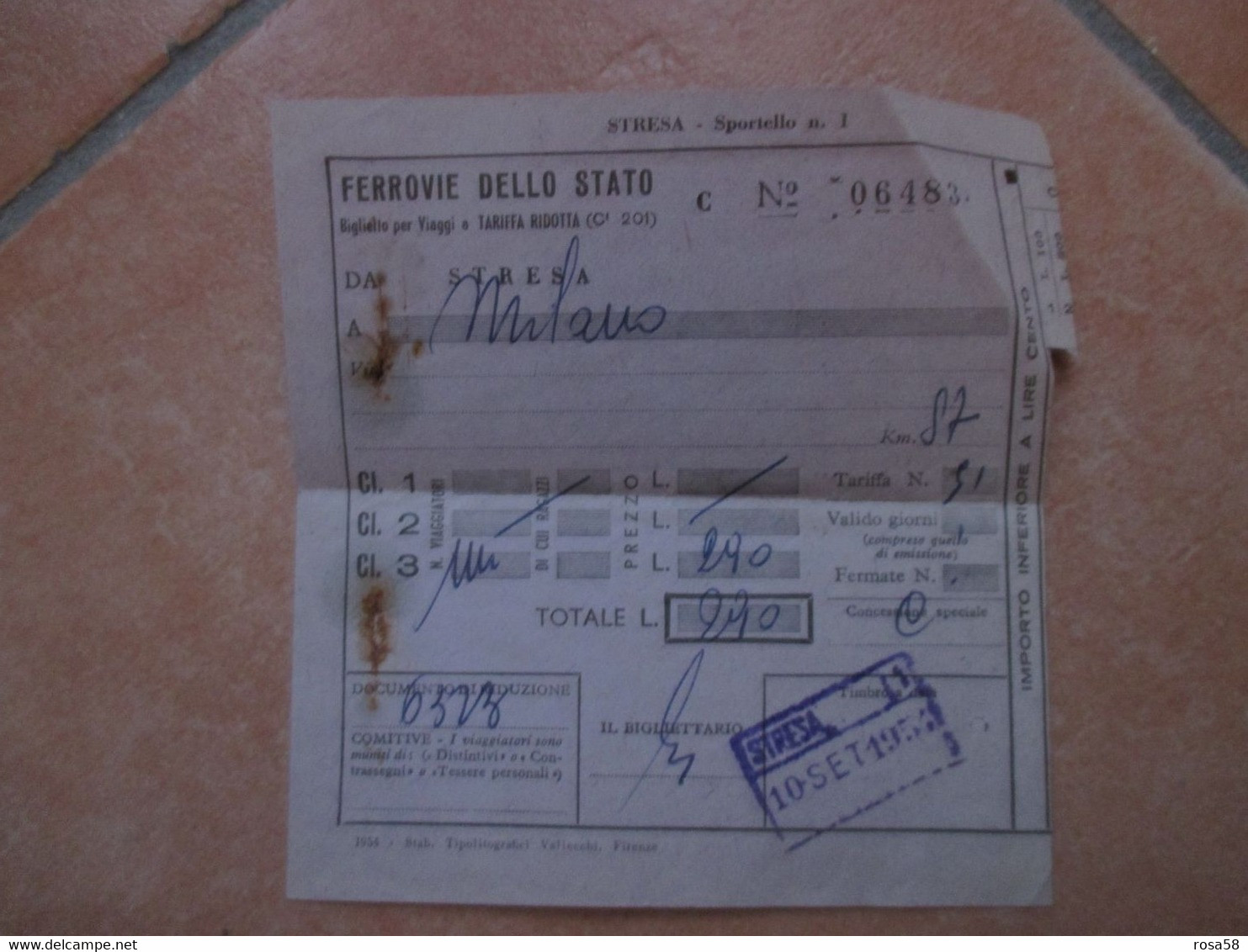 FERROVIE DELLO STATO Da STRESA A Milano 10 Sett 1954 - Europa