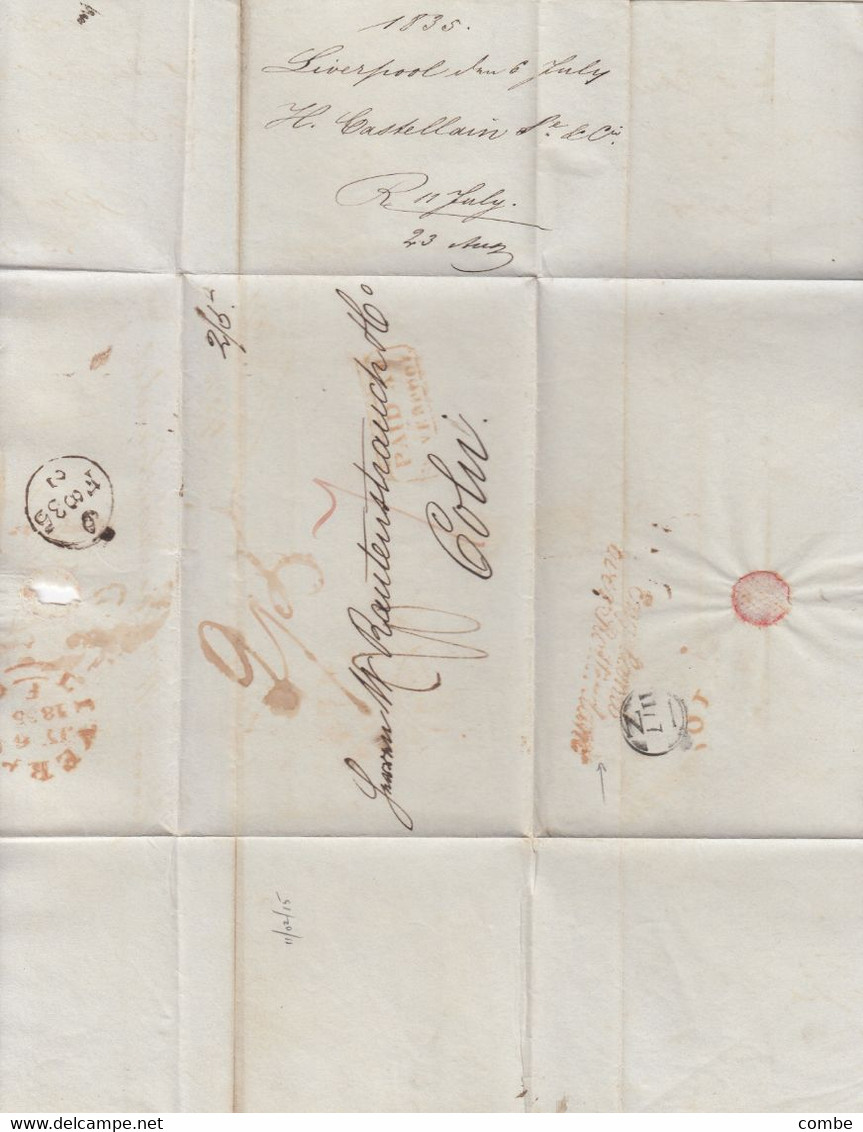 UK LETTER. 6 JUIL 35. RED CANCEL ENGELAND OVER ROTTERDAM. PAID LIVERPOOL   CX TO COLN PRUSSIA. MULTIPLE DUE - ...-1840 Préphilatélie