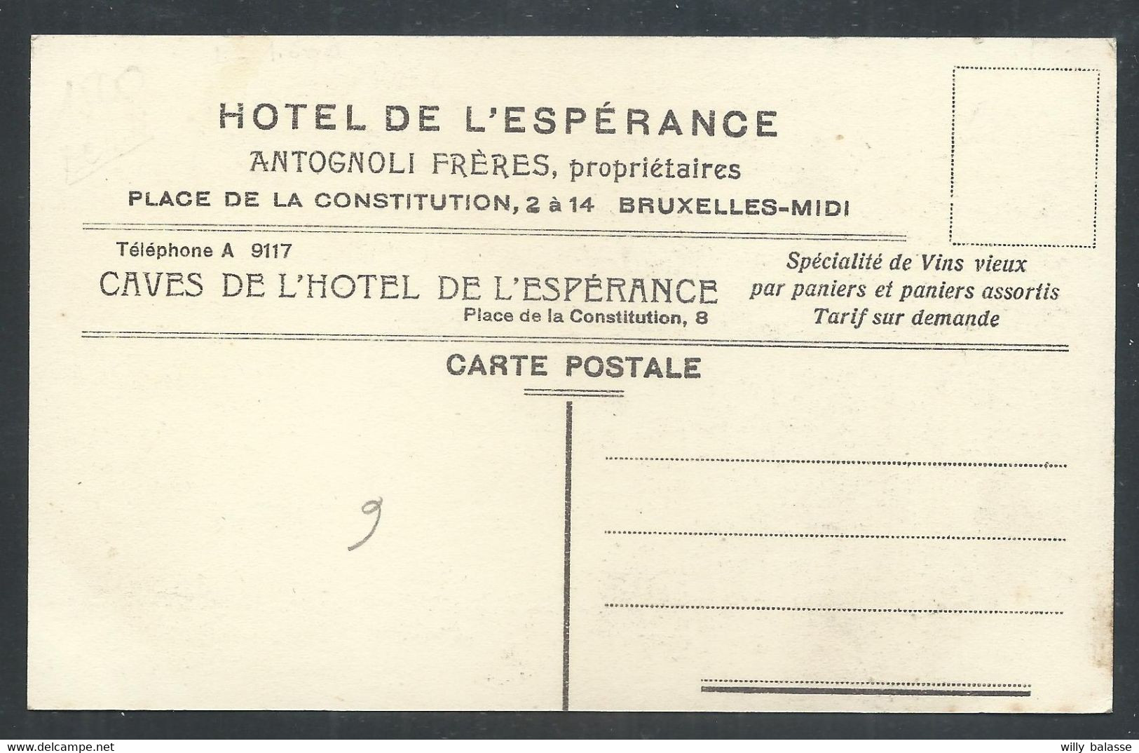 +++ CPA - BRUSSEL - BRUXELLES - Publicité Hôtel De L'Espérance - Place De La Constitution - Spécialité Vins   // - Cafés, Hôtels, Restaurants