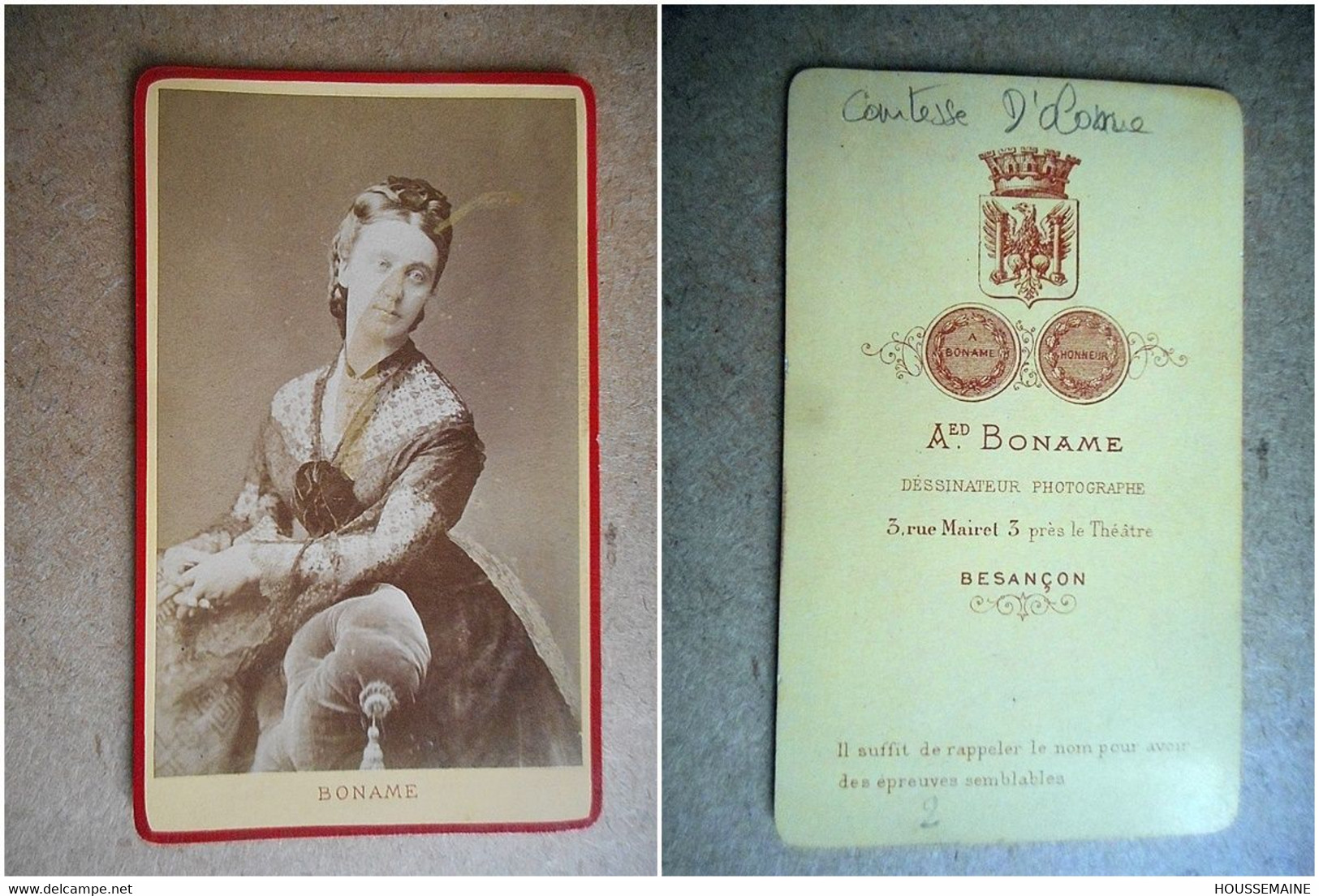 PHOTO CDV 19 EME COMTESSE D' OLLONE FEMME ELEGANTE  ROBE MODE Cabinet BONAME A BESANCON - Old (before 1900)