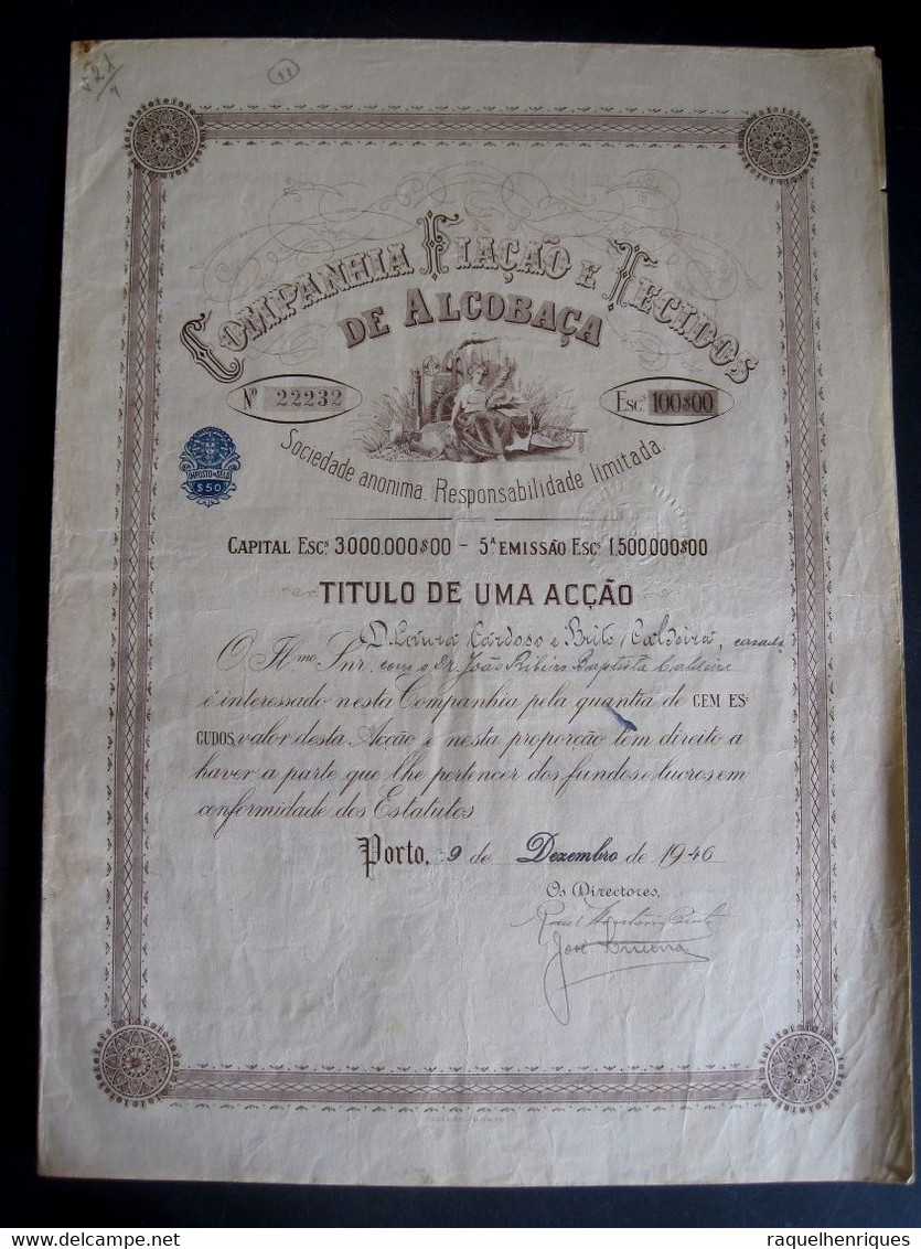 PORTUGAL - COMPANHIA FIAÇÃO E TECIDOS DE ALCOBAÇA - TITULO DE UMA AÇÃO 1946 - SHARE PORTUGUESE TEXTILE COMPANY - Textile