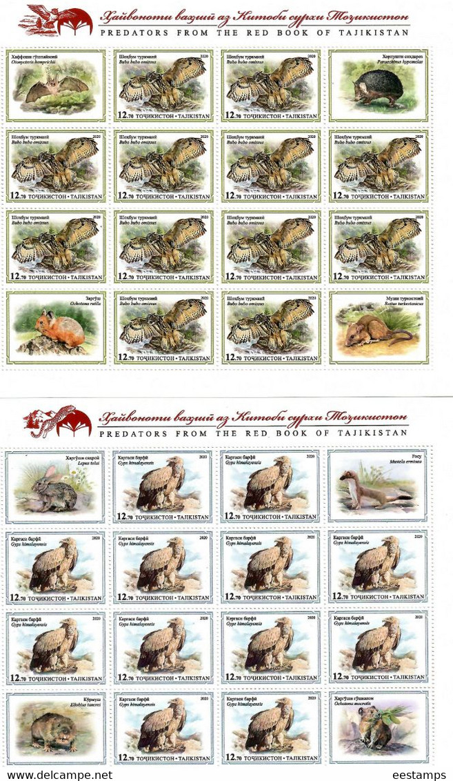 Tajikistan 2020. Red Book. Birds Of Prey & Wild Cats. 4 Sheets Of 12v + 4 Labels . - Tayikistán