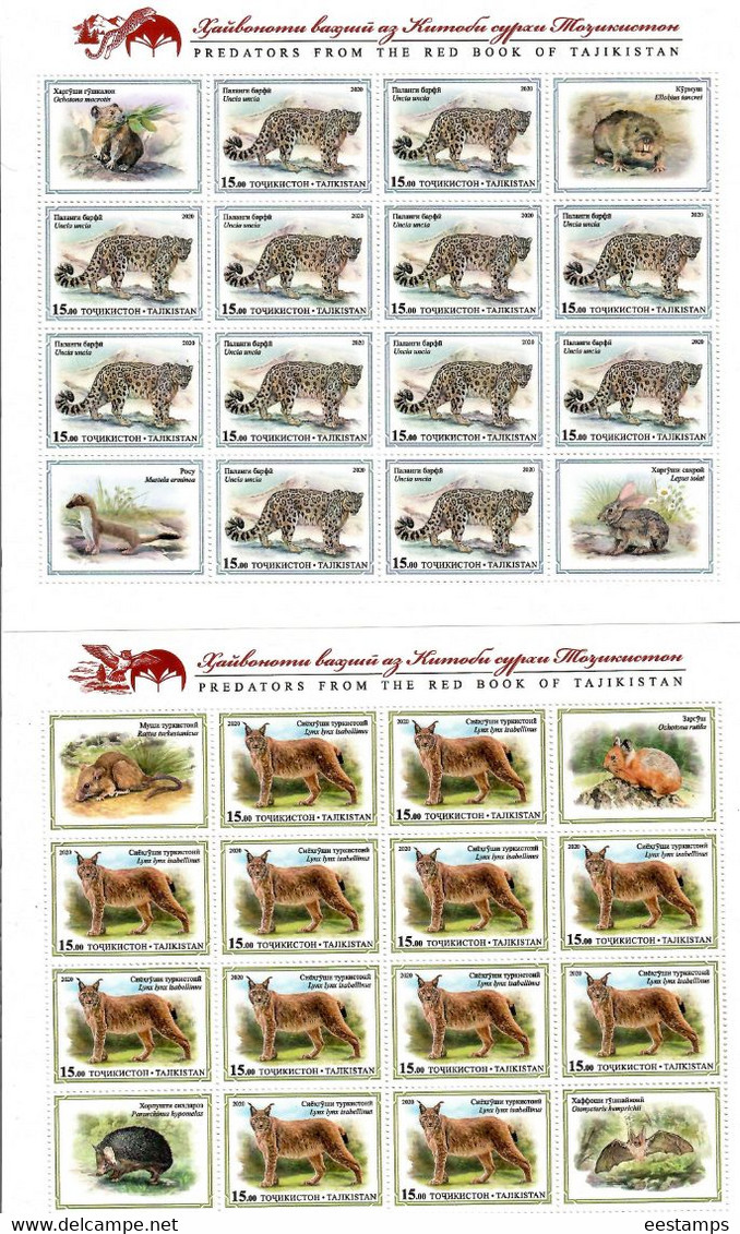 Tajikistan 2020. Red Book. Birds Of Prey & Wild Cats. 4 Sheets Of 12v + 4 Labels . - Tadschikistan