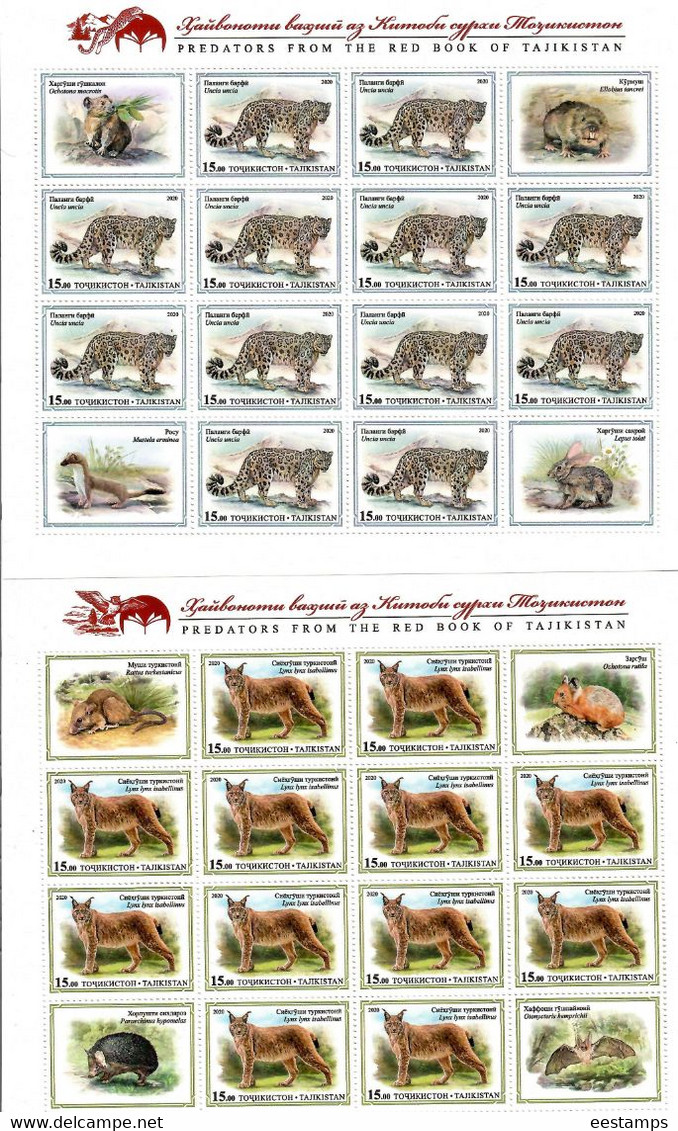 Tajikistan 2020. Red Book. Birds Of Prey & Wild Cats. 4 Sheets Of 12v + 4 Labels . - Tayikistán