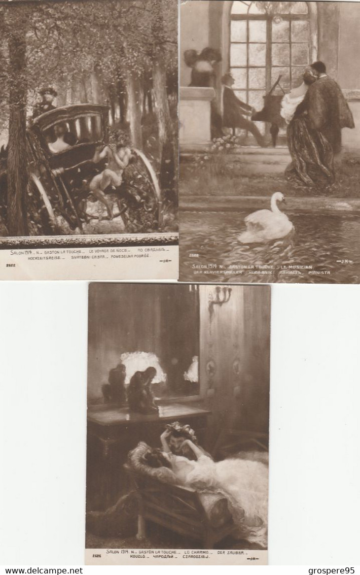SALON 1914 GASTON LA TOUCHE LE VOYAGE DE NOCE LE MUSICIEN LE CHARME L'ETREINTE  4 CPA - Paintings