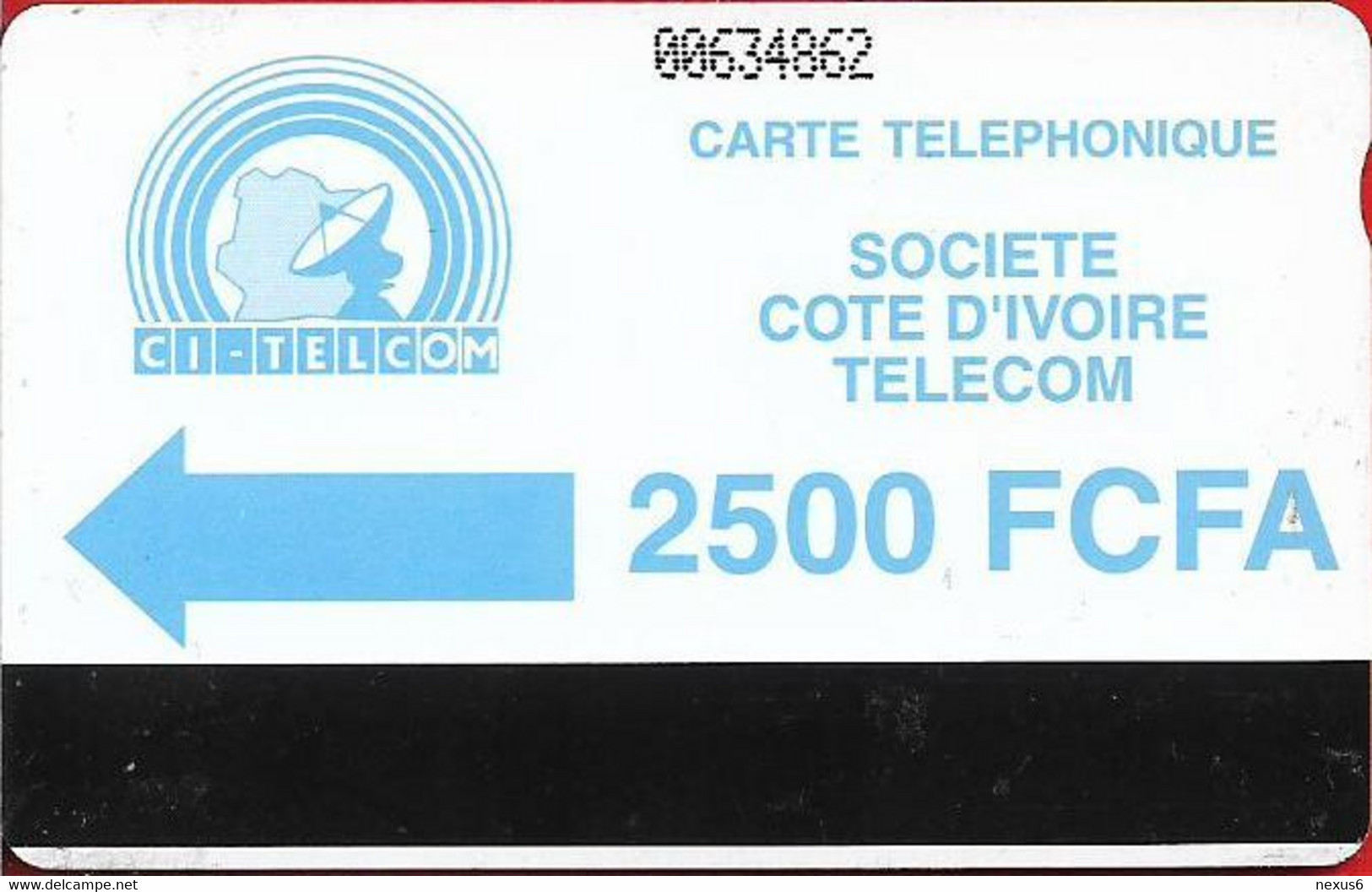 Ivory Coast - CI-Telcom - Autelca - Blue Logo CI-Telcom, With Notch, Dashed Ø, 1994, 2.500CFA, Used - Costa De Marfil