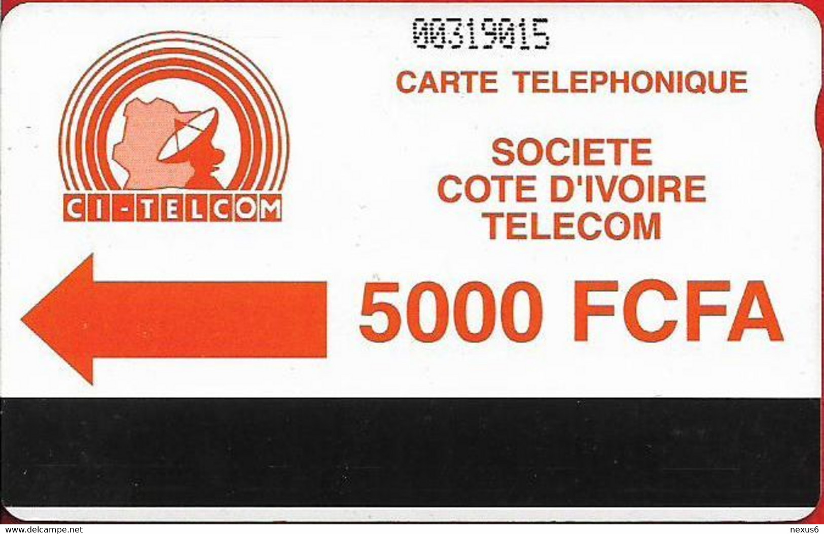 Ivory Coast - CI-Telcom - Autelca - Orange Logo CI-Telcom, With Notch, Dashed Ø, 1994, 5.000CFA, Used - Costa De Marfil