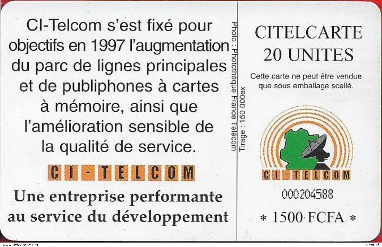 Ivory Coast - CI-Telcom - Telephone Device, Chip Philips, 20Units, 150.000ex, Used - Côte D'Ivoire