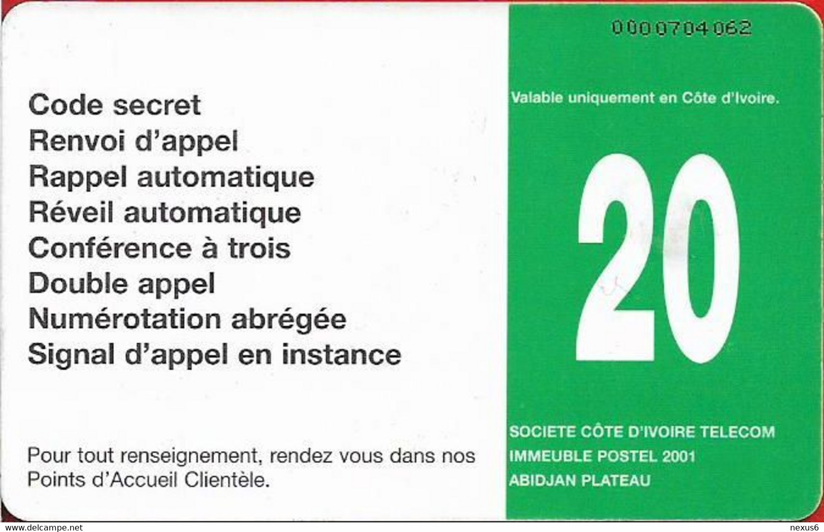 Ivory Coast - CI-Telcom - Chip - Telecom's Services, Chip Gem1B Not Symmetric Red, 20Units, Used - Costa De Marfil