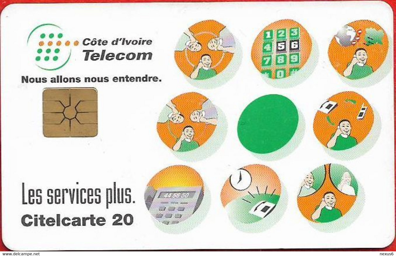 Ivory Coast - CI-Telcom - Chip - Telecom's Services, Chip Gem1B Not Symmetric White/Gold, 20Units, Used - Ivory Coast