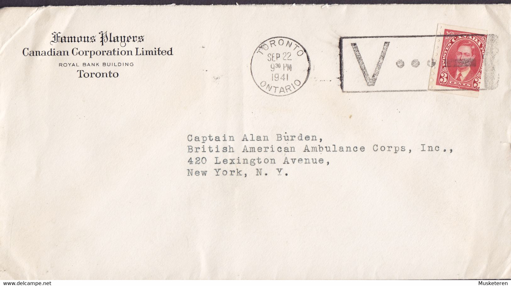 FAMOUS PLAYERS Slogan Flamme 'V...-' TORONTO Ontario Captain BURDEN British American Ambulance Corps ERROR Variety !! - Errors, Freaks & Oddities (EFO)